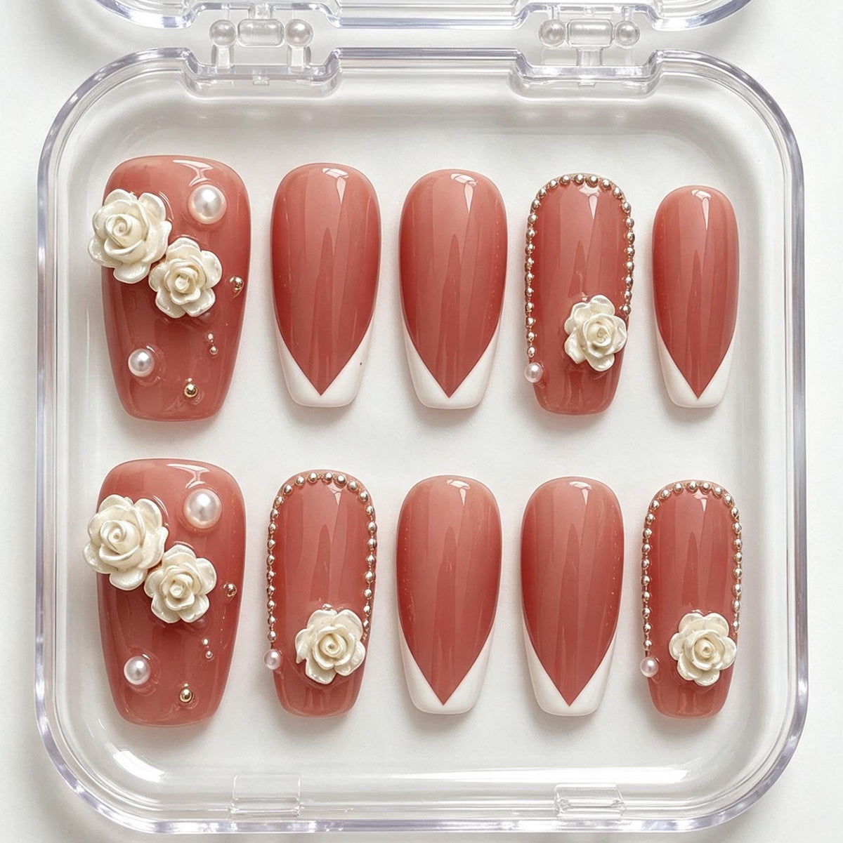 Rosy Nude Pink French Tip Press-On Nails With 3D White Roses for Weddings and Parties