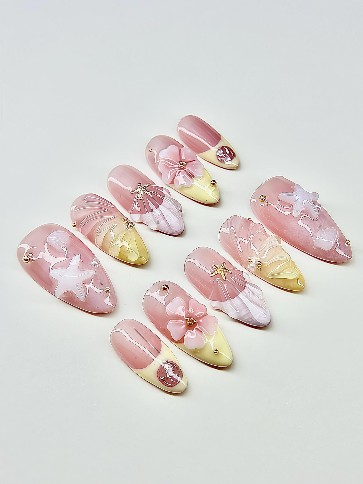 Rosy Pink Beach Wedding Press On Nails With 3D Flowers, Shell Fans and Starfish