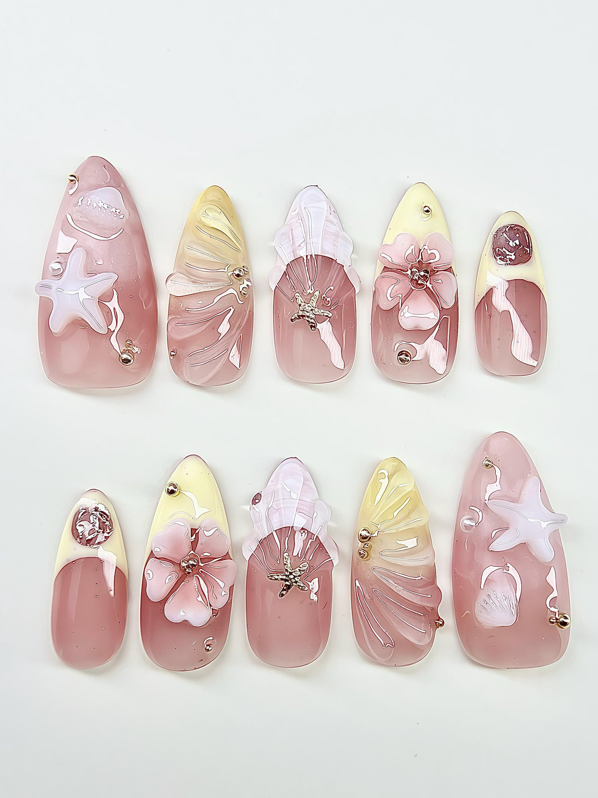 Rosy Pink Beach Wedding Press On Nails With 3D Flowers, Shell Fans and Starfish