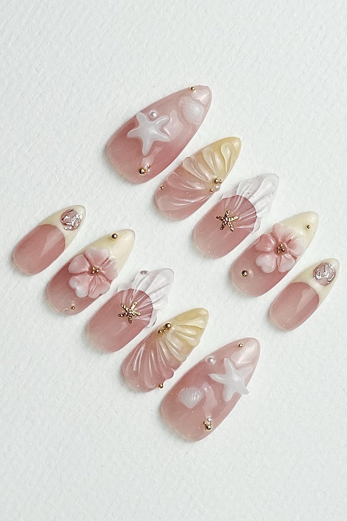 Rosy Pink Beach Wedding Press On Nails With 3D Flowers, Shell Fans and Starfish