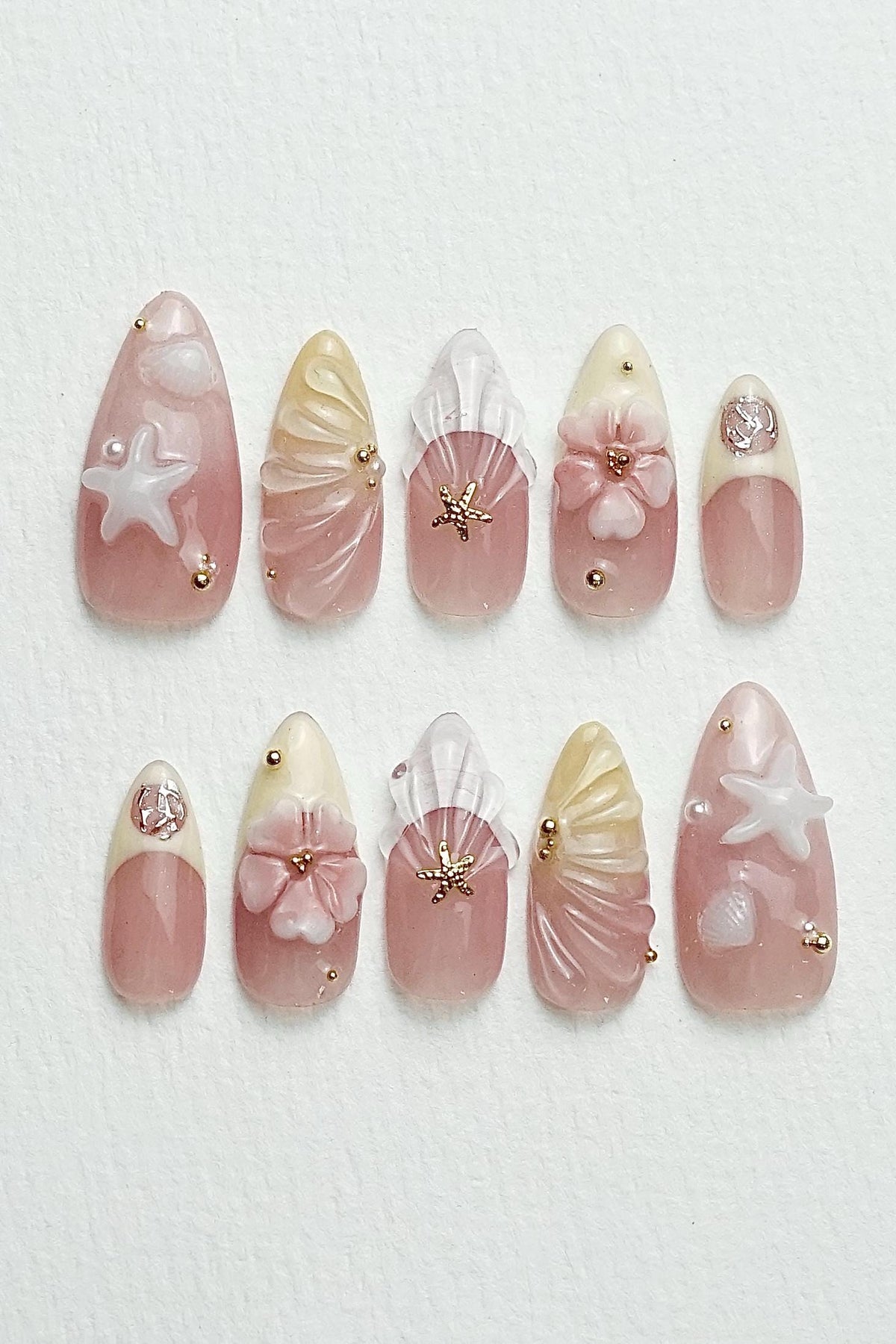 Rosy Pink Beach Wedding Press On Nails With 3D Flowers, Shell Fans and Starfish
