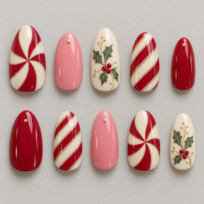 Rosy Red Candy Stripe and Holly Christmas Nail Set