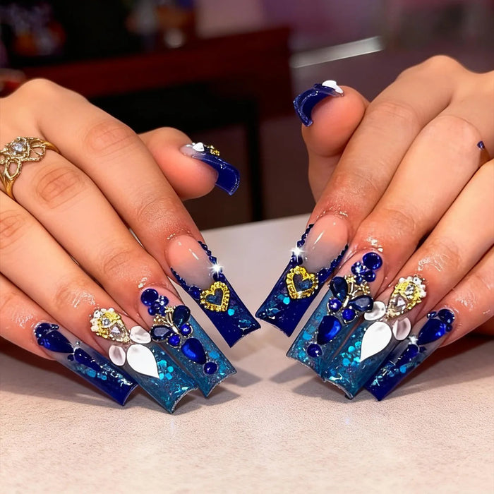 Royal Blue 3D Heart Rhinestone Press-On Nail Set