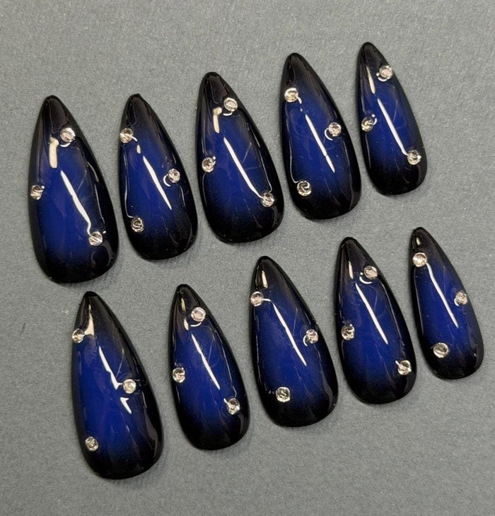 Royal Blue Aura Press On Nails With Black Edges and Clear Rhinestones