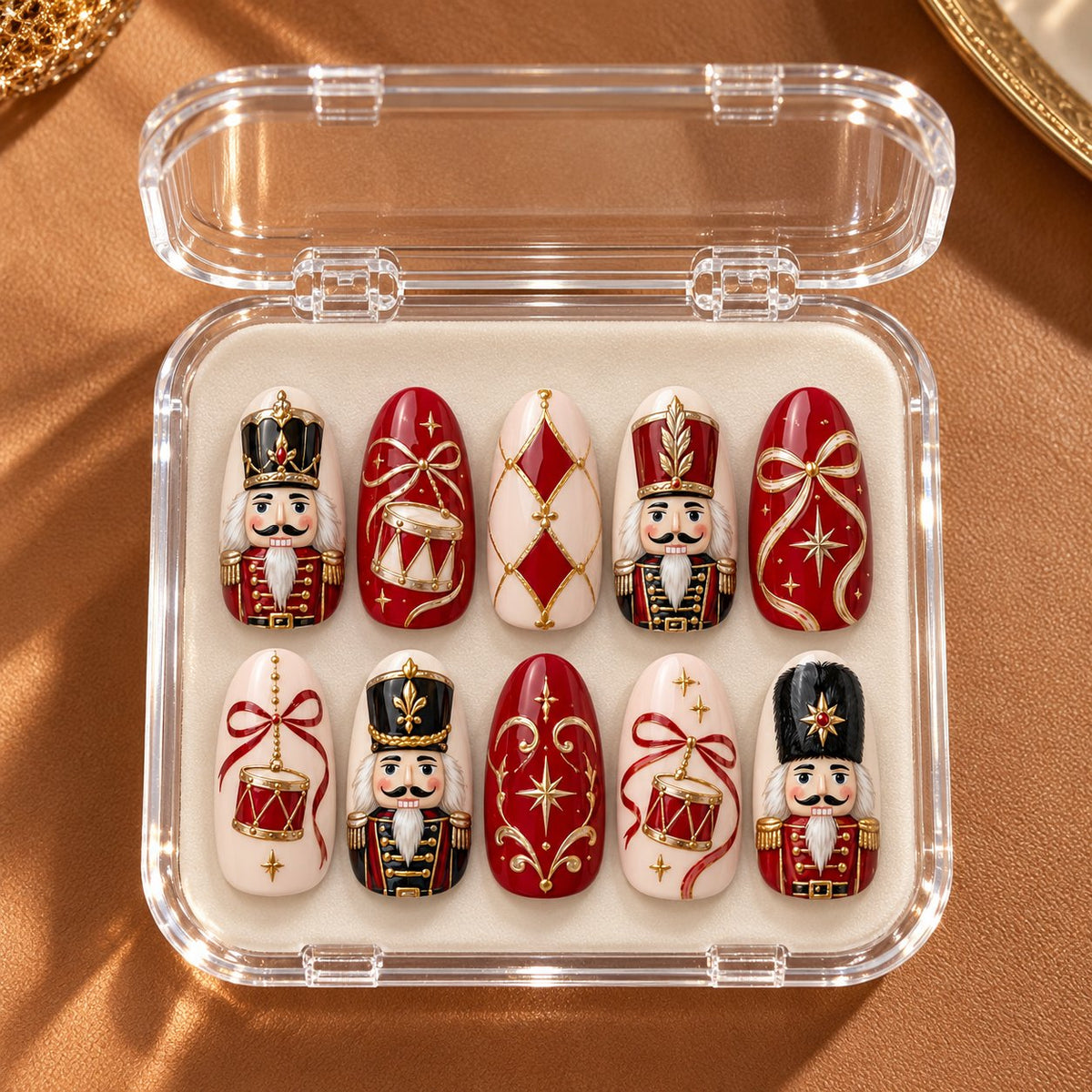 Ruby and Cream Nutcracker Nails with Gold Bows, Drums, and Stars in clear acrylic storage box