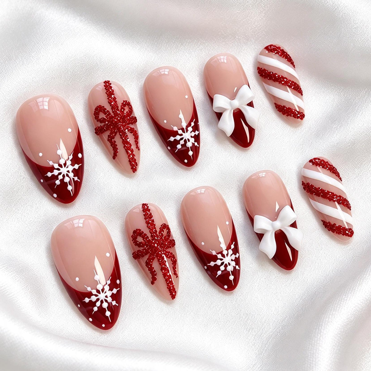 Ruby Red Christmas French Tip Nails With Snowflakes, Glitter Bows and Candy Cane Stripes