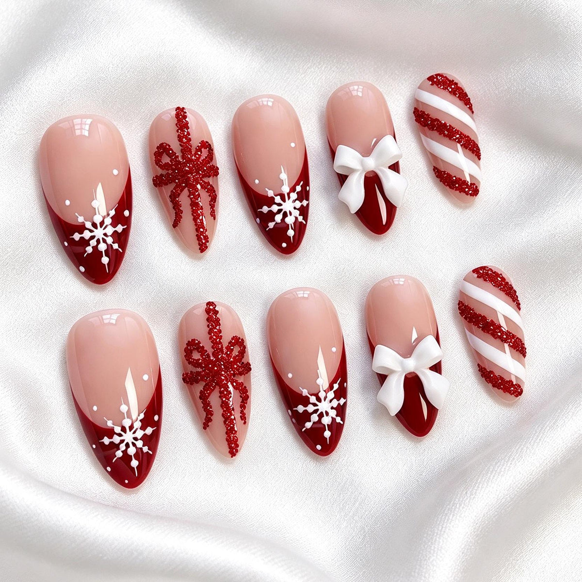 Ruby Red Christmas French Tip Nails With Snowflakes, Glitter Bows and Candy Cane Stripes