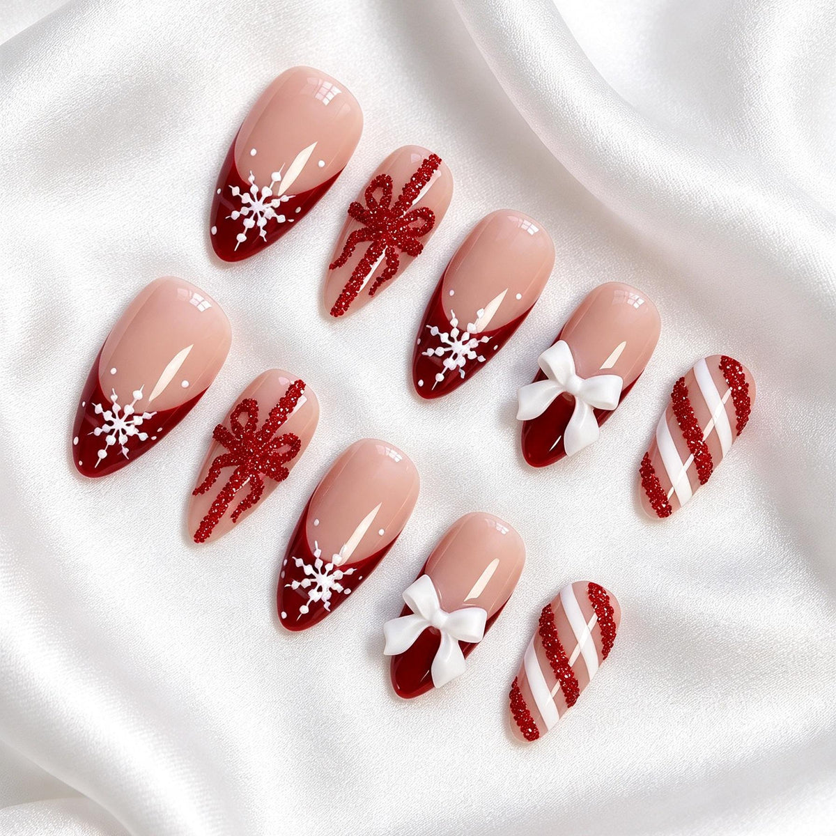 Ruby Red Christmas French Tip Nails With Snowflakes, Glitter Bows and Candy Cane Stripes