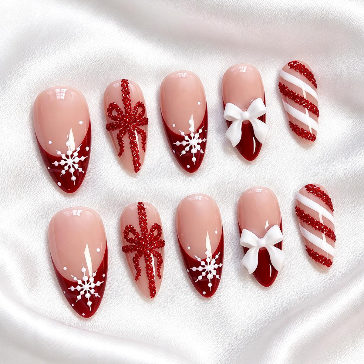 Ruby Red Christmas French Tip Nails With Snowflakes, Glitter Bows and Candy Cane Stripes