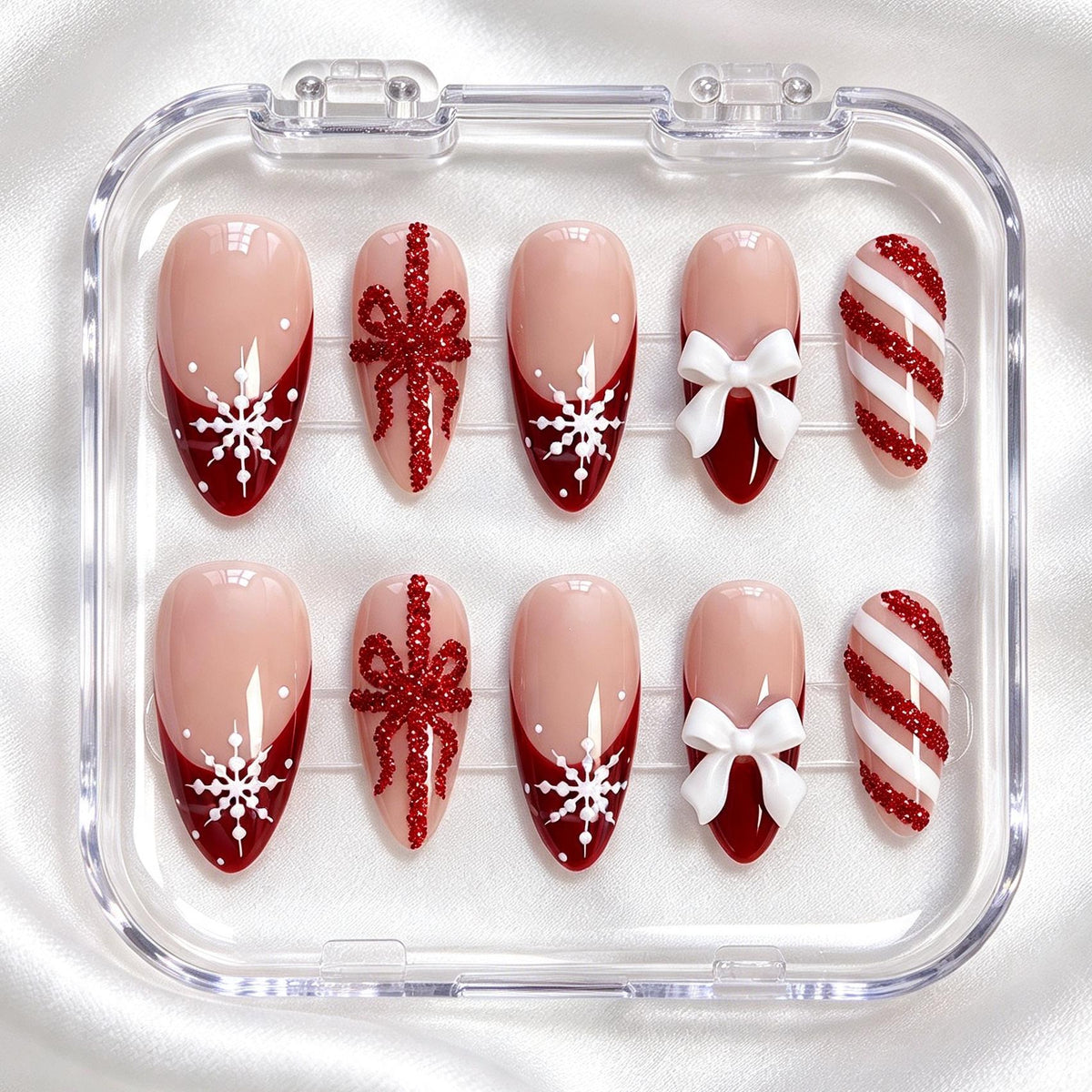 Ruby Red Christmas French Tip Nails With Snowflakes, Glitter Bows and Candy Cane Stripes