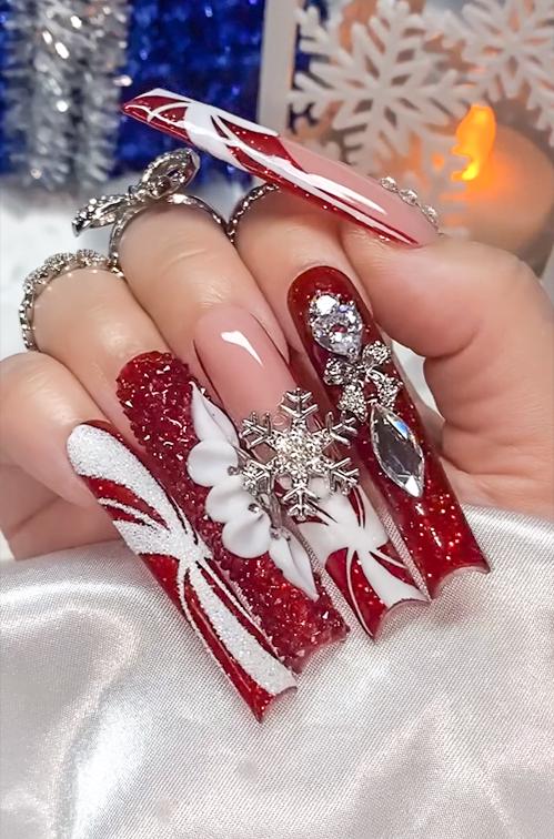 Ruby Red Glitter Snowflake Press On Nails With Candy Cane Stripes and Rhinestones
