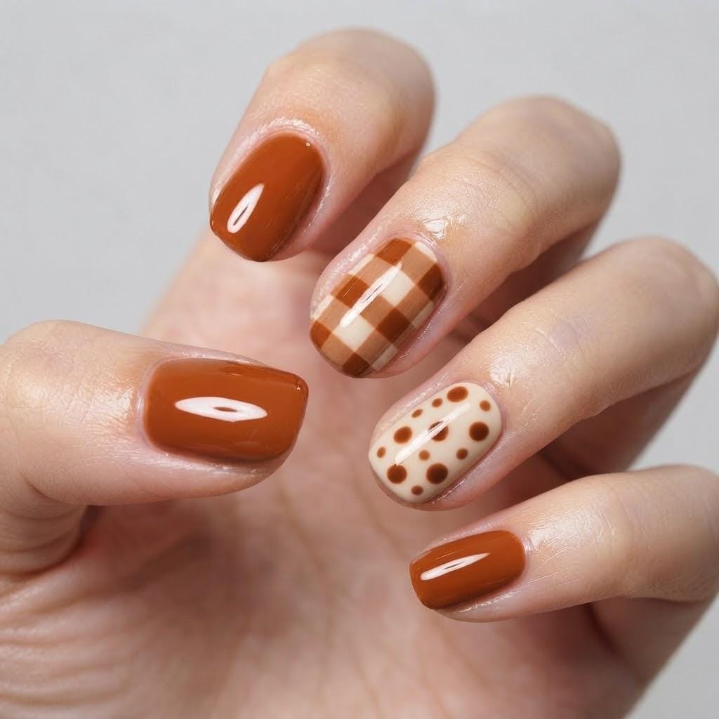 Rust Brown Gingham and Polka Dot Press On Nails