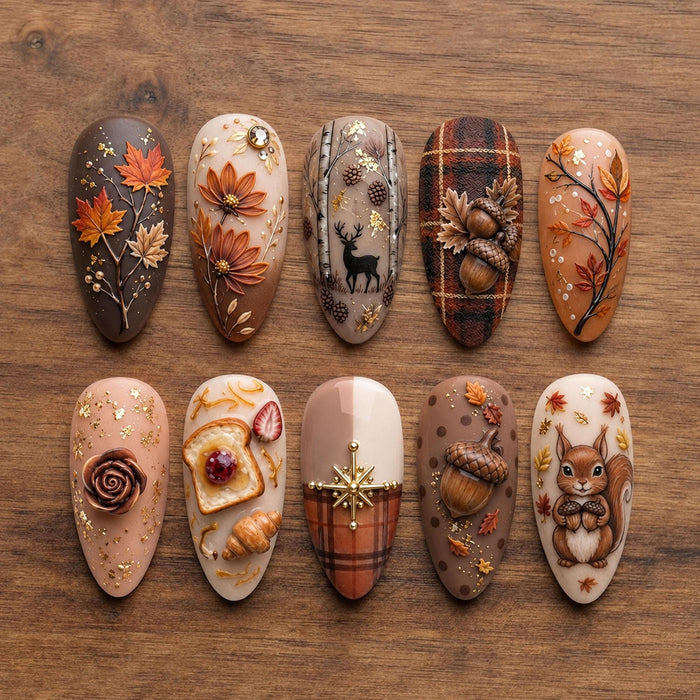 Rustic Fall Thanksgiving Press-On Nails with Maple Leaves, Acorns, Woodland Animals & Brown Plaid