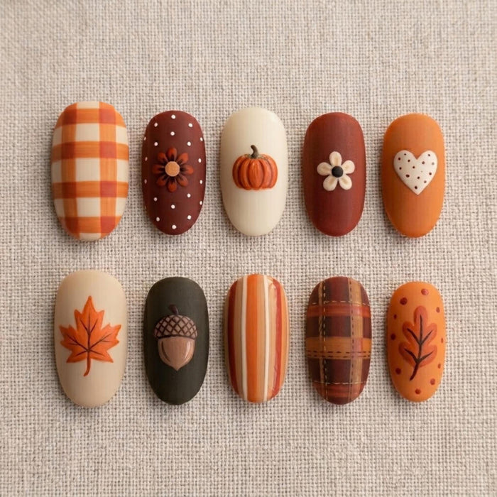Rustic Pumpkin Harvest Press On Nails With Plaid, Maple Leaf, and Acorn Details