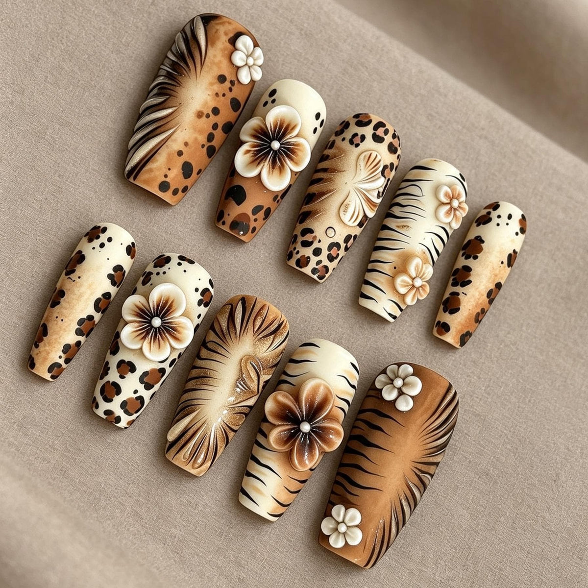 Safari Animal Print Nails With 3D Sculpted Flowers in Warm Brown and Cream