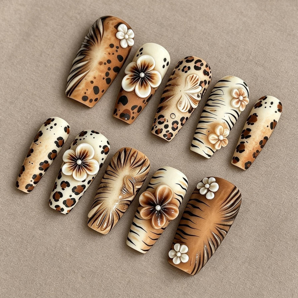 Safari Animal Print Nails With 3D Sculpted Flowers in Warm Brown and Cream
