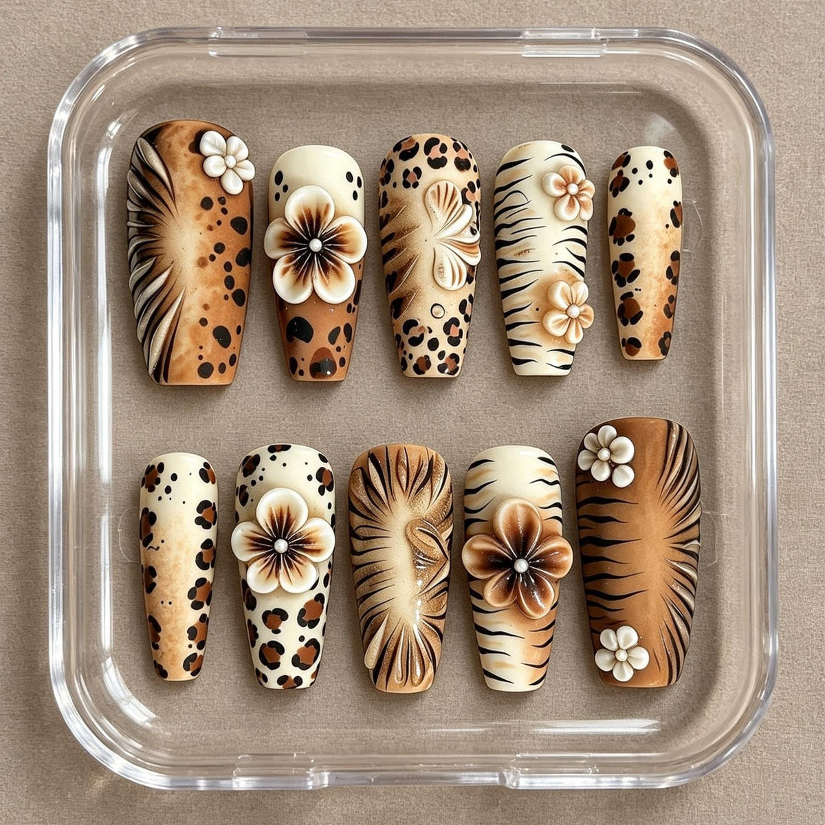 Safari Animal Print Nails With 3D Sculpted Flowers in Warm Brown and Cream
