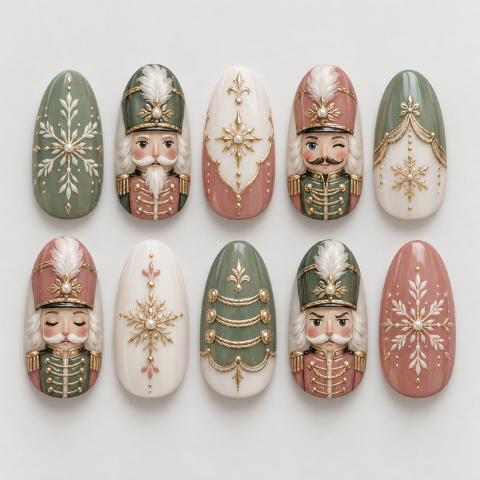 Sage and Rose Nutcracker Winter Press On Nails With Gold Snowflakes