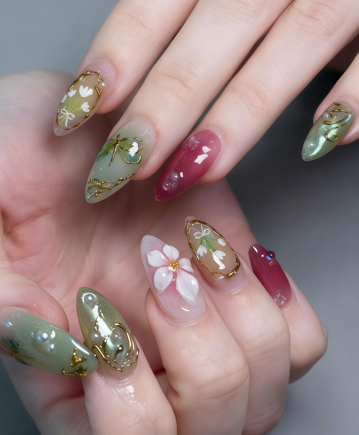 Sage Green and Berry Floral Nails with Sculpted Flowers and Gold Foil