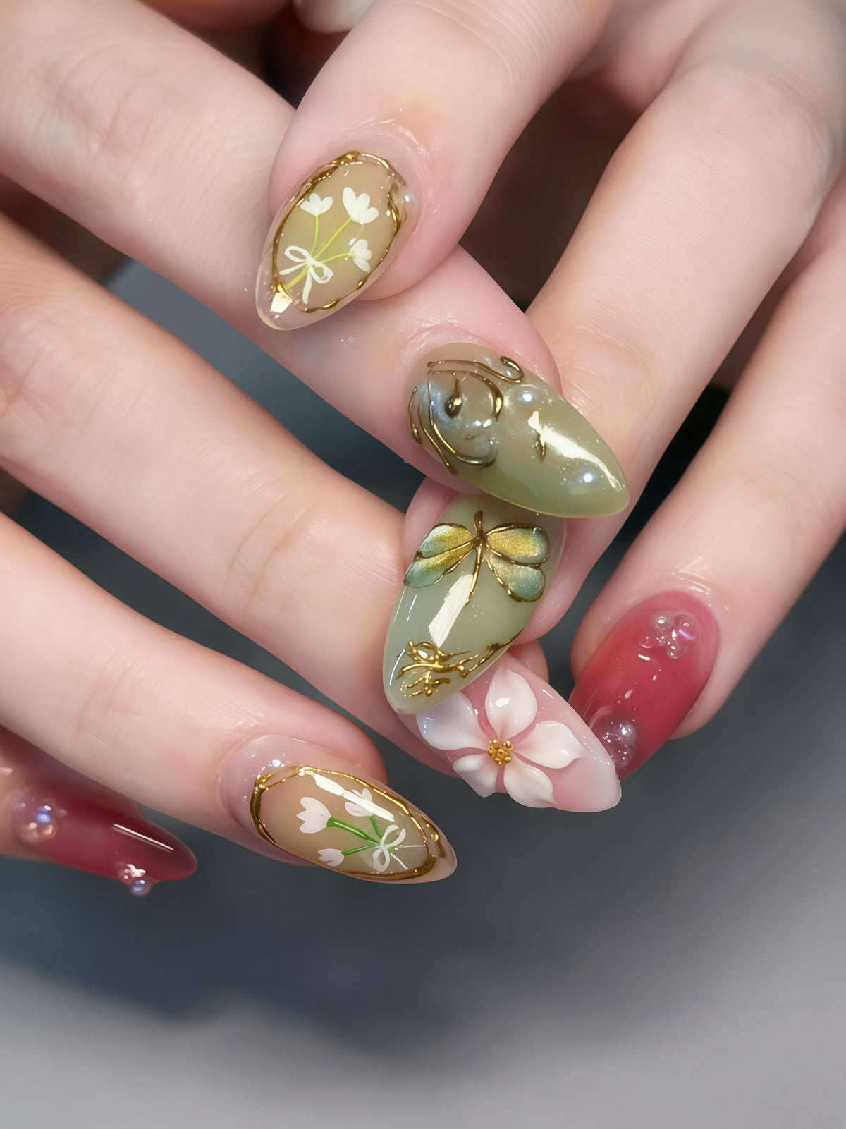 Sage Green and Berry Floral Nails with Sculpted Flowers and Gold Foil