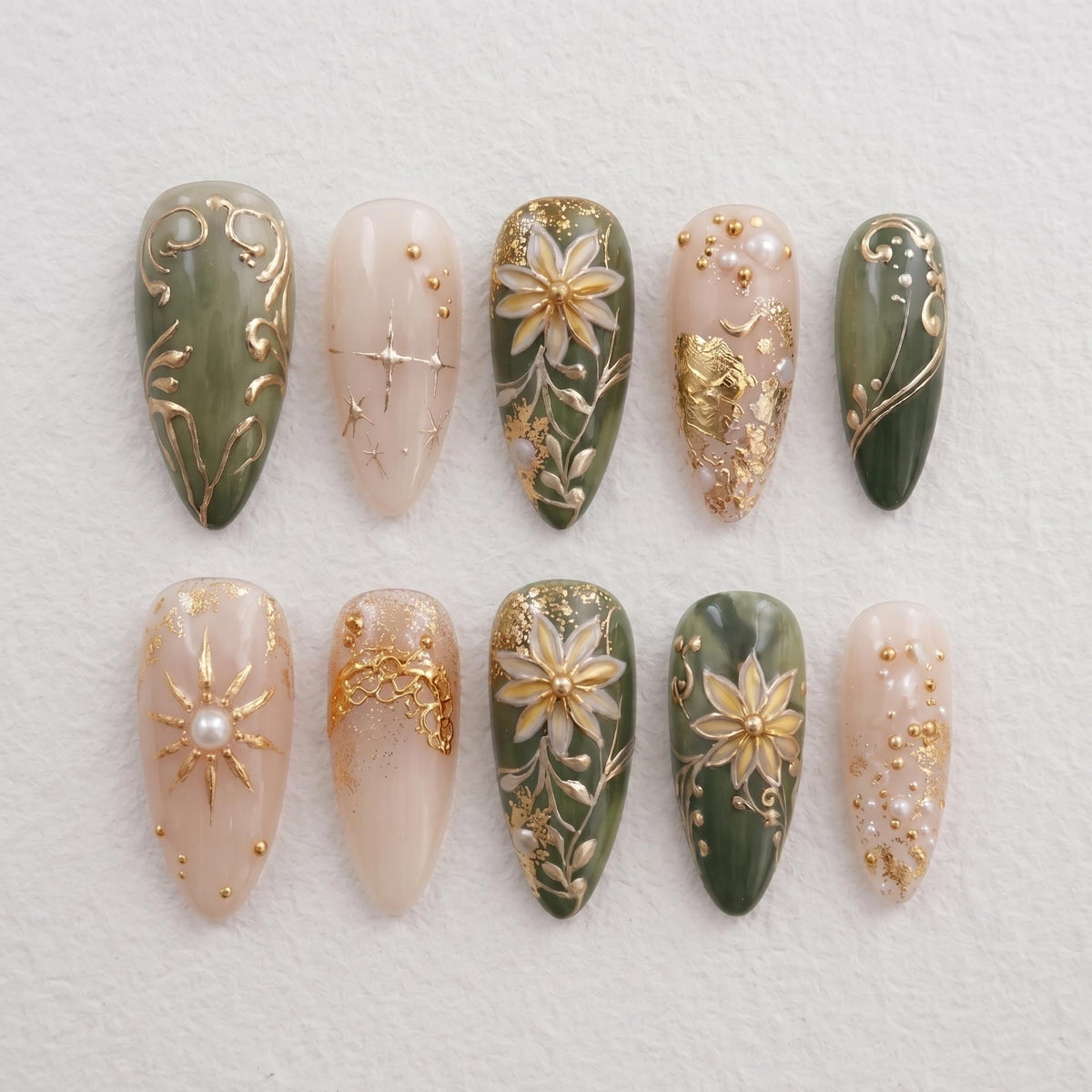 Sage Green and Blush Baroque Floral Bridal Press On Nails with Gold Details