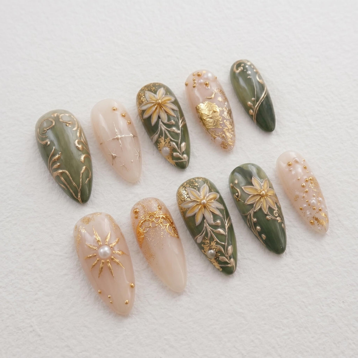 Sage Green and Blush Baroque Floral Bridal Press On Nails with Gold Details