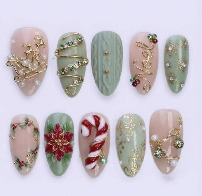 Sage Green and Blush Christmas Press On Nails With Candy Canes, Poinsettias and Gold Charms