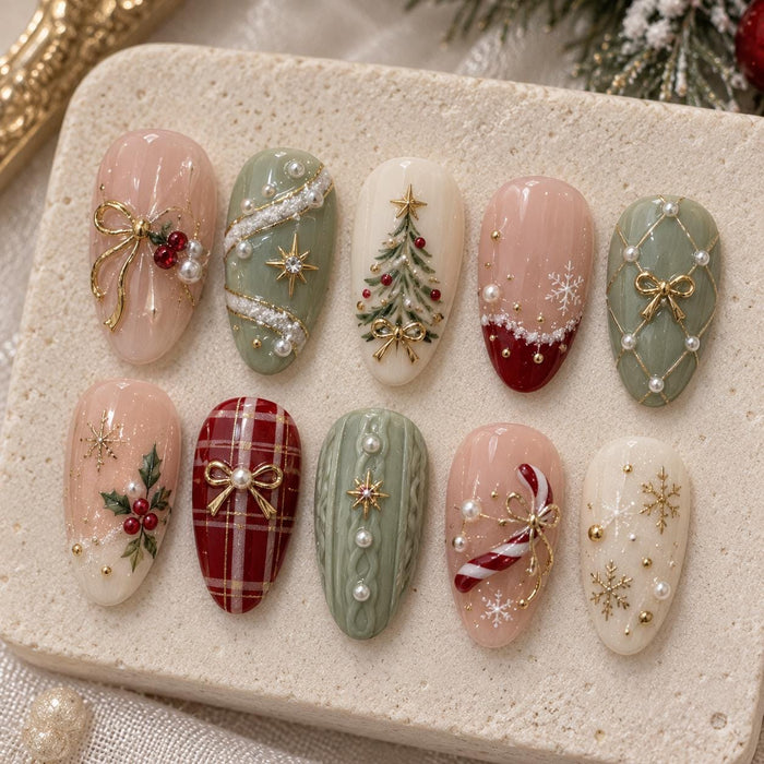 Sage Green and Blush Christmas Press On Nails with Gold Details and Holiday Accents