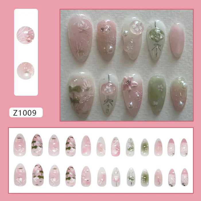Sage Green and Blush Pink Floral French Tip Press On Nail Set