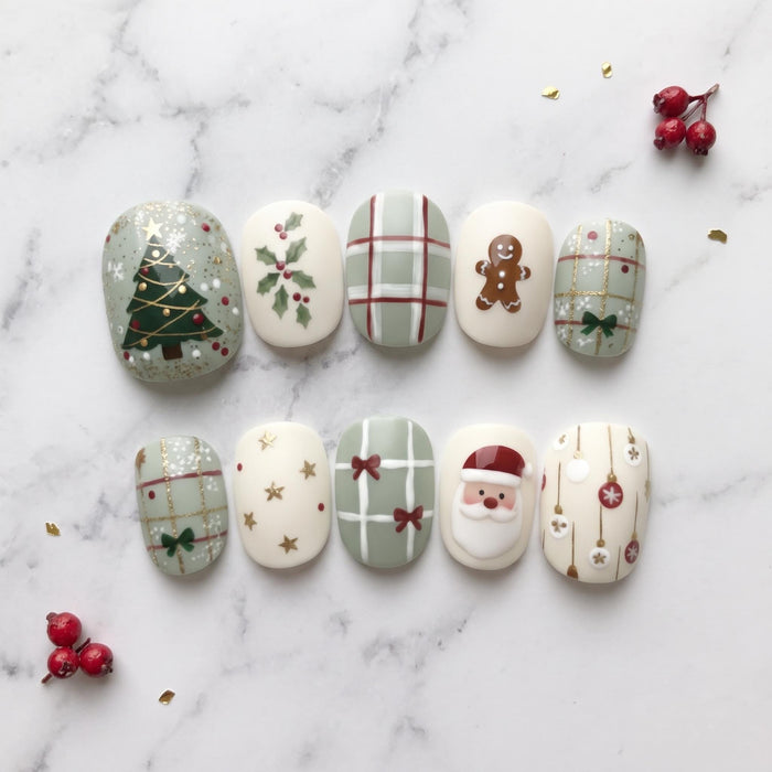 Sage Green and Cream Christmas Press On Nail Set With Plaid, Holly, Gingerbread, and Santa