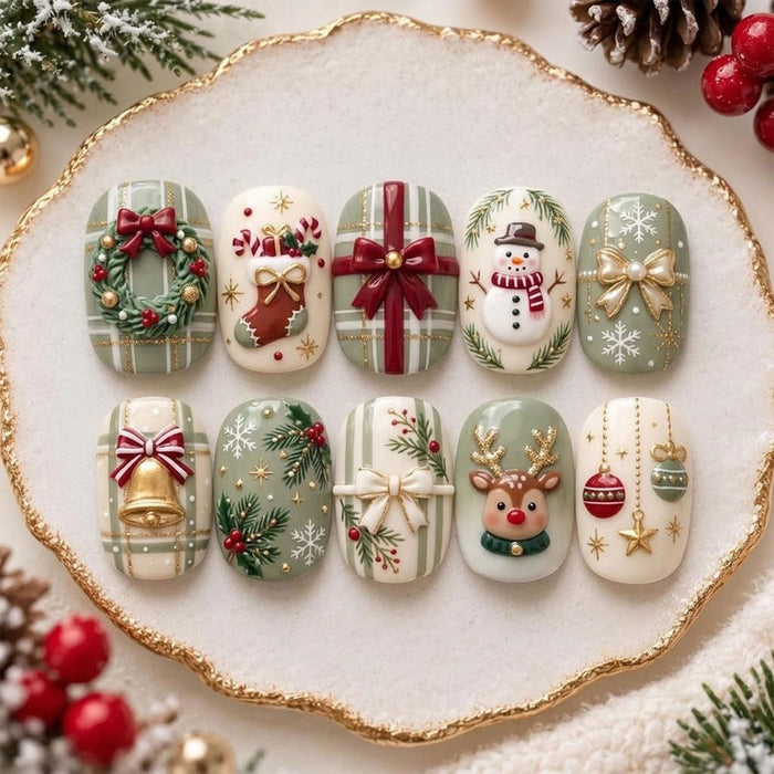 Sage Green and Cream Christmas Press On Nails with Plaid, Wreaths, Bows, and 3D Details