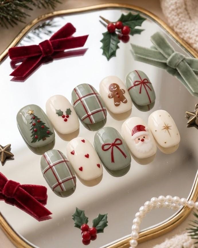 Sage Green and Cream Christmas Press On Nails with Plaid, Santa, Gingerbread and Bows