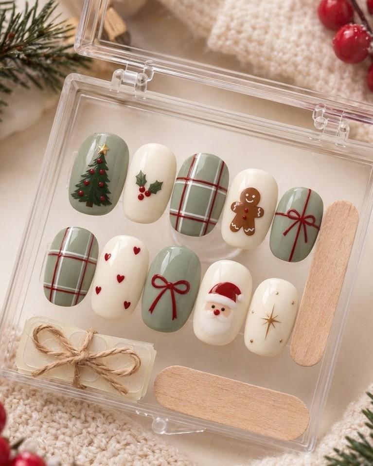 Sage Green and Cream Christmas Press On Nails with Plaid, Santa, Gingerbread and Bows