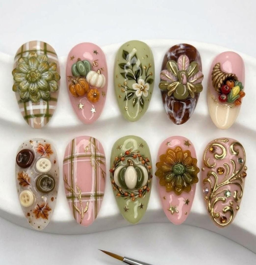Sage Green and Dusty Pink Thanksgiving Nails With Plaid, Pumpkins and Sculpted Flowers