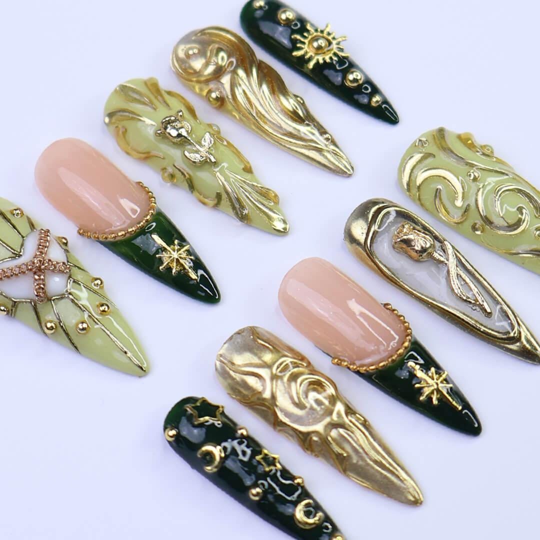 Sage Green and Emerald Baroque Press-On Nails with Gold Celestial Details