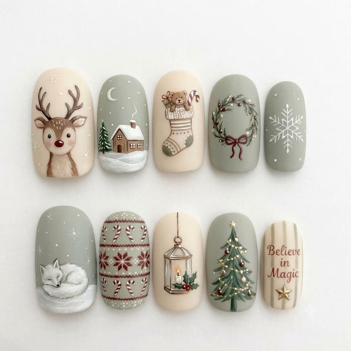 Sage Green and Ivory Christmas Press On Nails with Deer, Fox, and Woodland Holiday Art