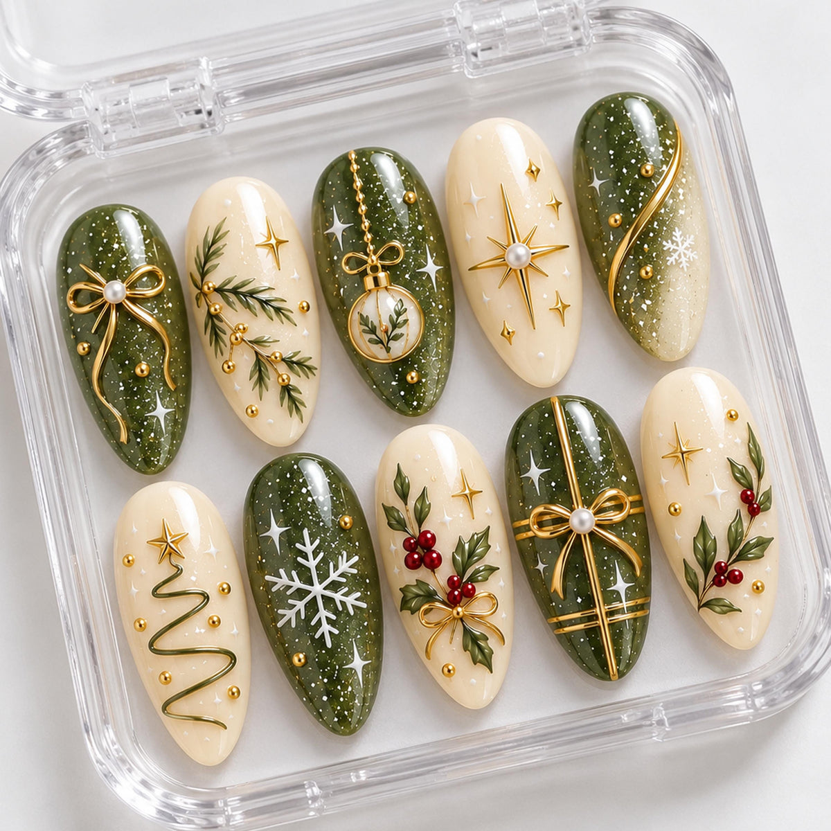 Sage Green and Ivory Christmas Nails With Gold Bows, Holly and Glitter