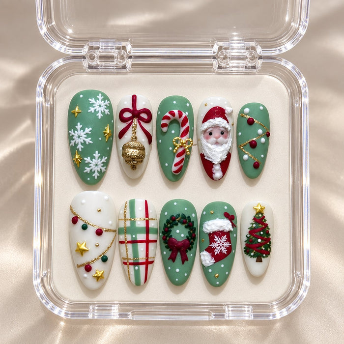 Sage Green and Ivory Christmas Press On Nail Set with Santa, Wreath, Candy Cane and Plaid