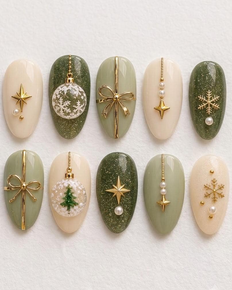 Sage Green and Ivory Christmas Press-On Nails With Gold Bows and Ornaments