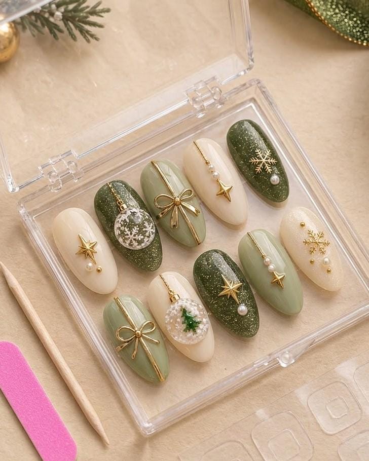 Sage Green and Ivory Christmas Press-On Nails With Gold Bows and Ornaments