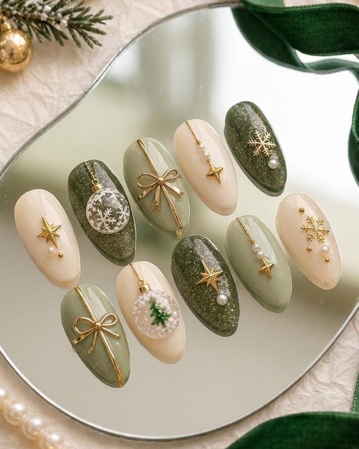 Sage Green and Ivory Christmas Press-On Nails With Gold Bows and Ornaments