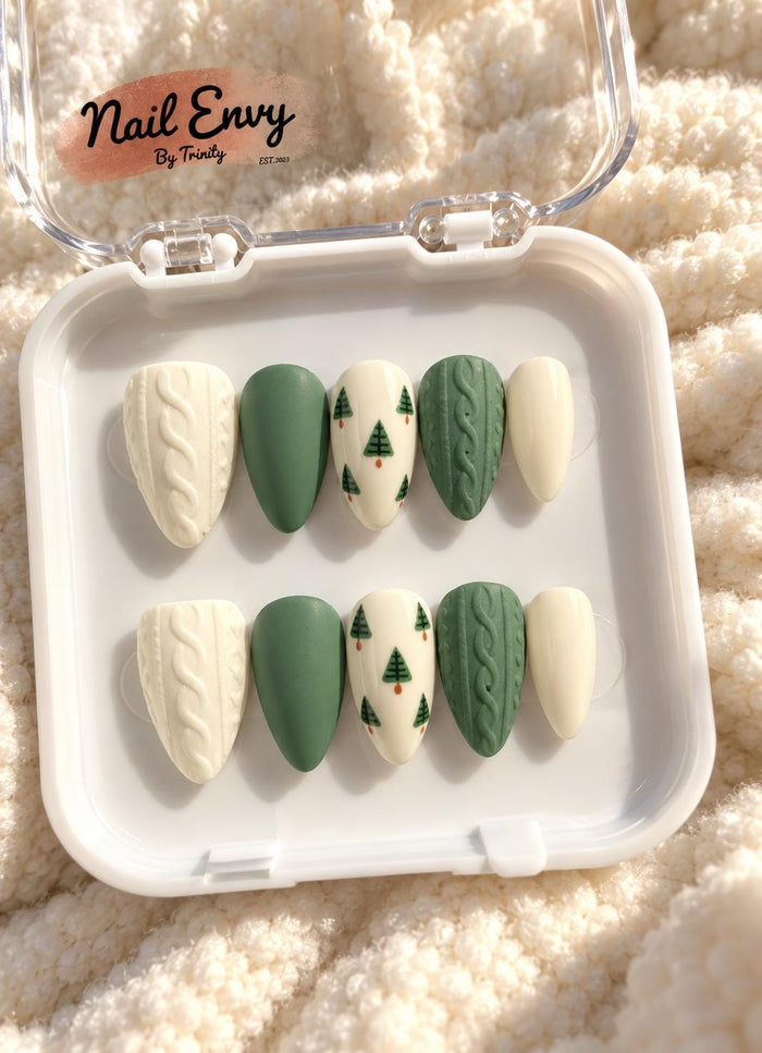 Sage Green and Ivory Christmas Tree Cable Knit Press On Nail Set