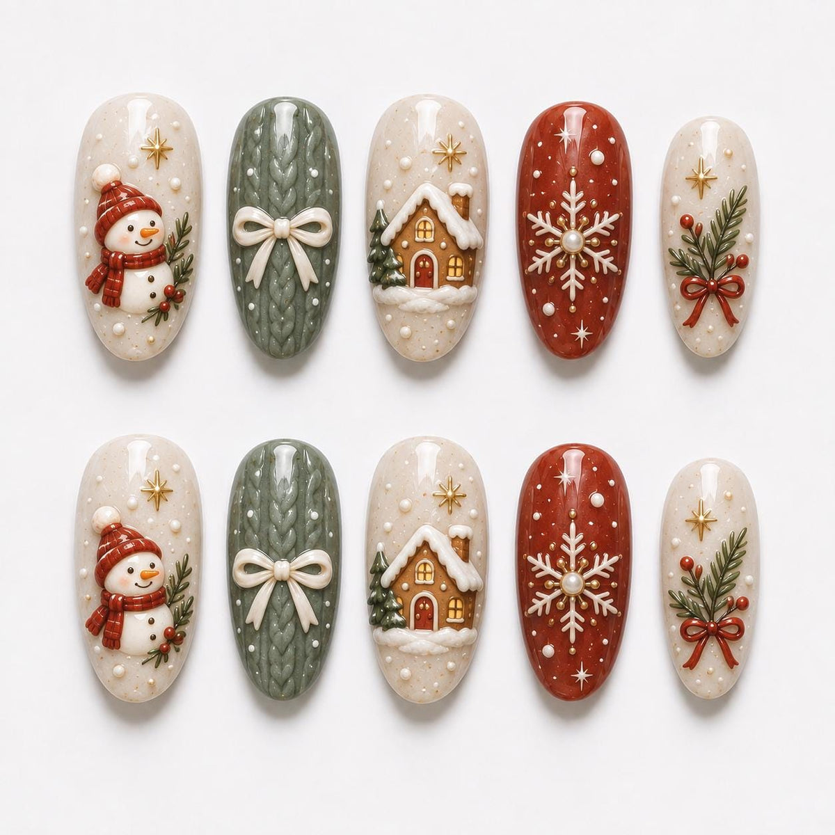 Sage Green and Ivory Winter Nails with Red Bows, Snowflakes and Sweater-Knit Details