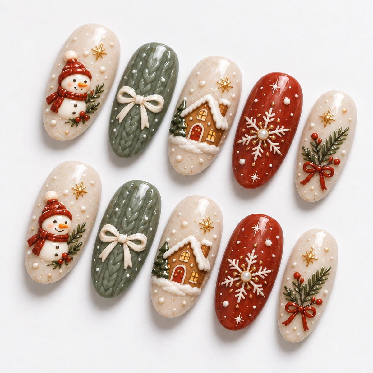 Sage Green and Ivory Winter Nails with Red Bows, Snowflakes and Sweater-Knit Details