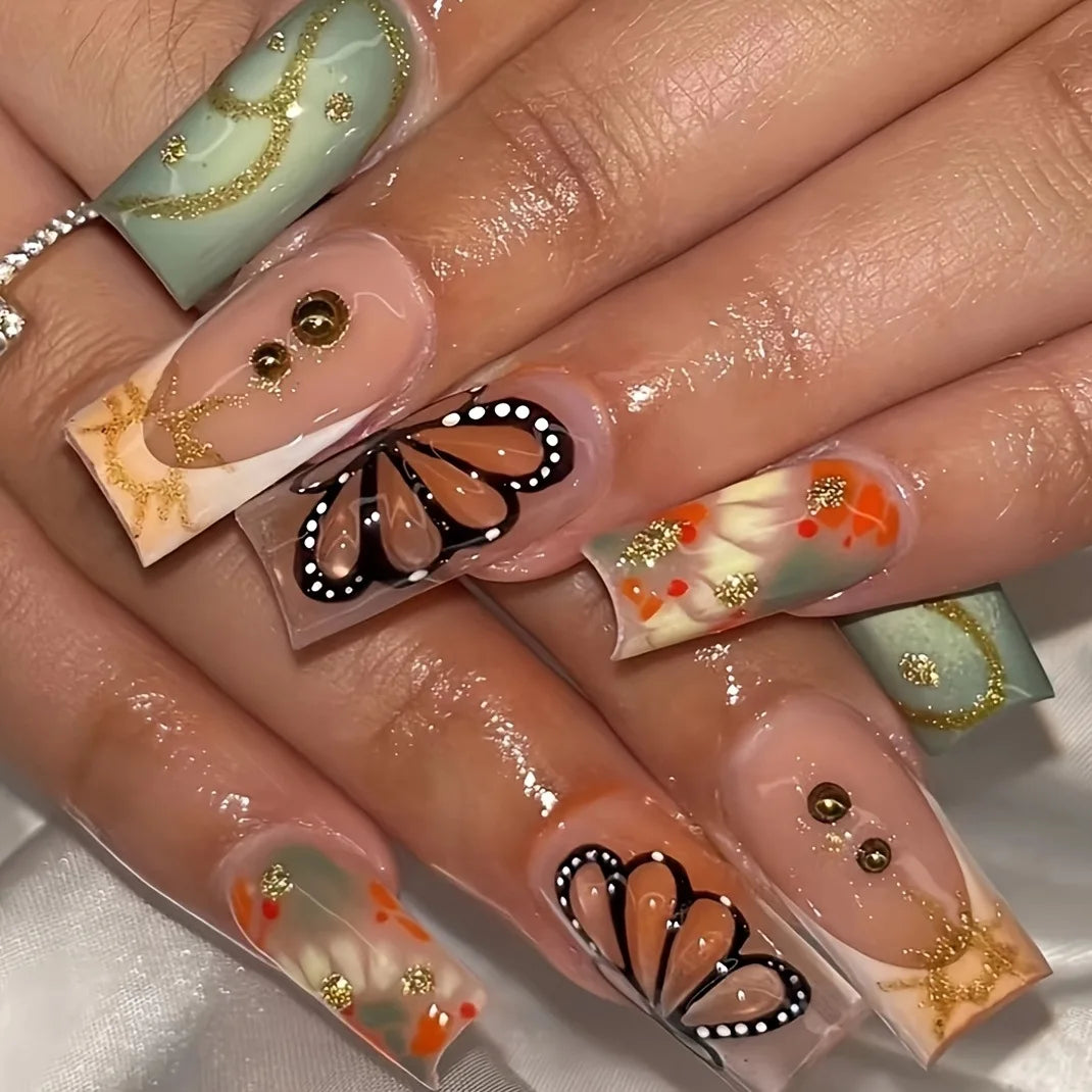 Sage Green and Nude Butterfly Press On Nails with Orange and Gold Details