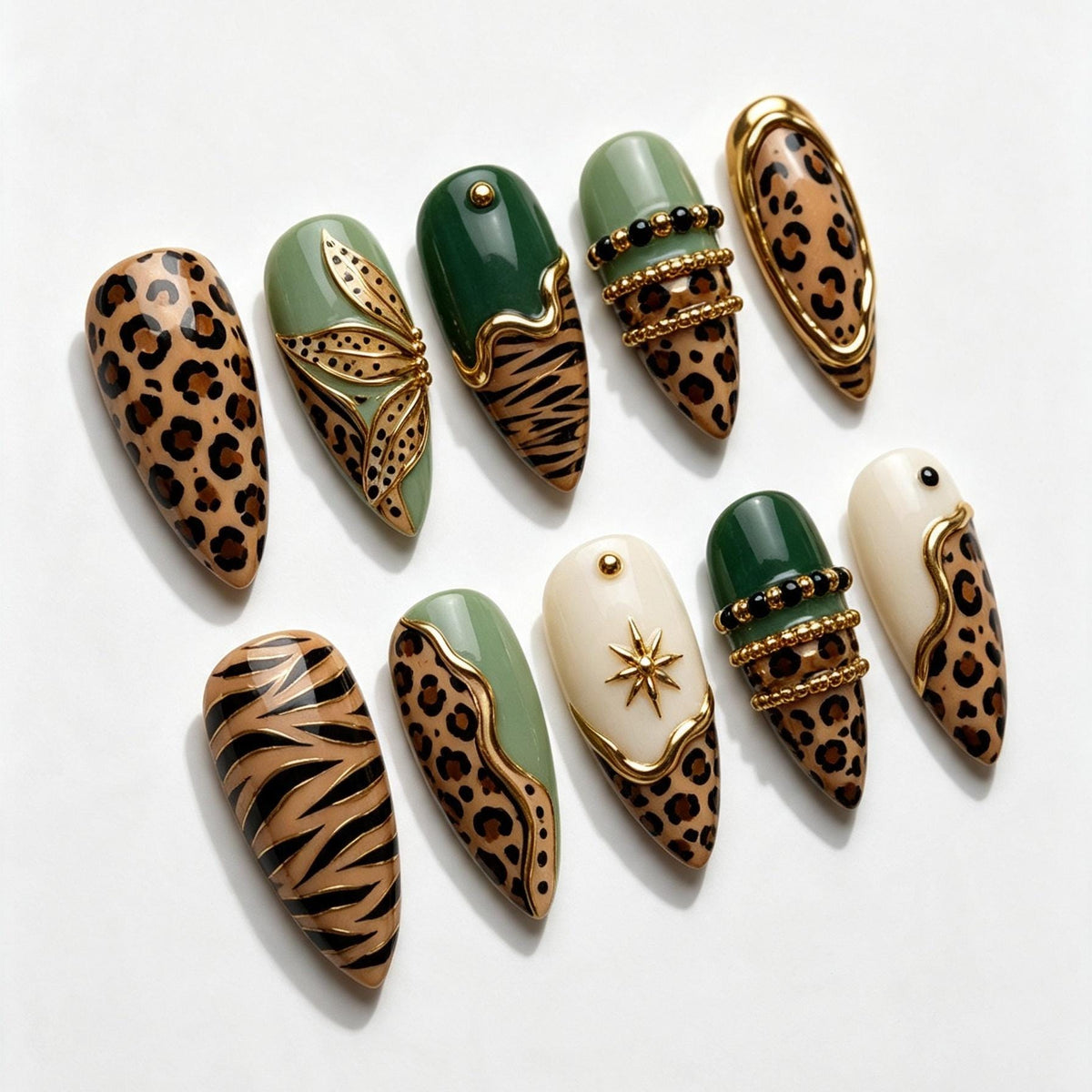 Sage Green and Tan Animal Print Nails with Gold Details and Charms