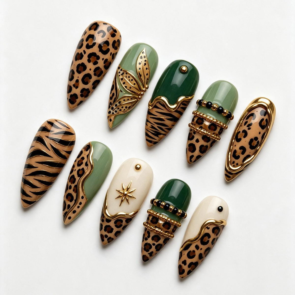 Sage Green and Tan Animal Print Nails with Gold Details and Charms