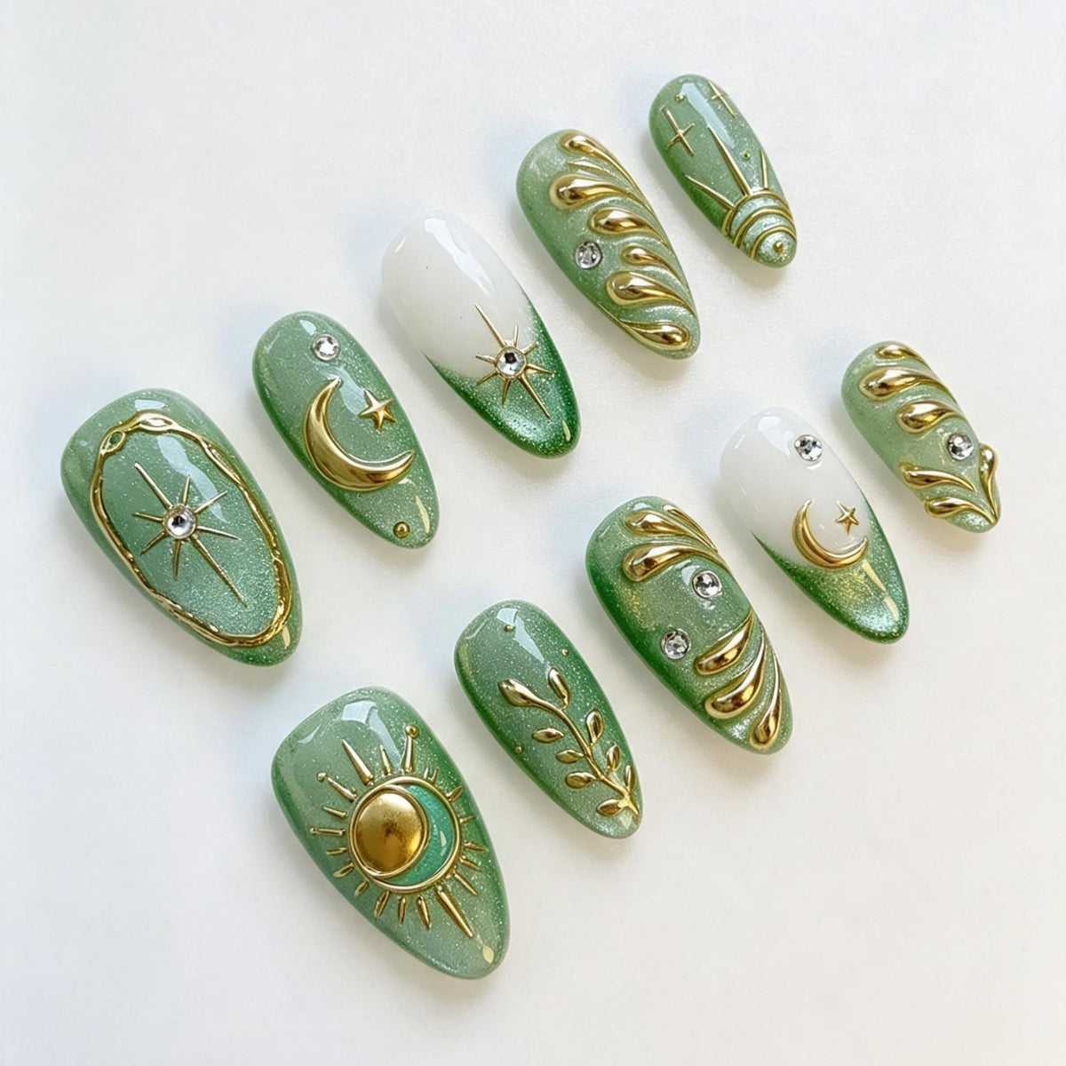 Sage Green Celestial Press On Nails with Gold Suns, Moons and Rhinestones