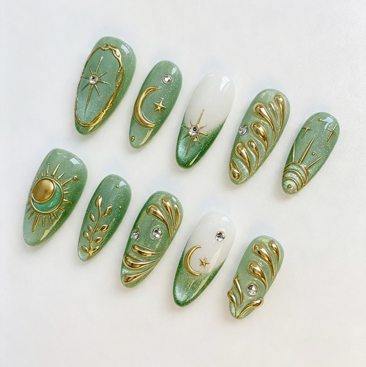 Sage Green Celestial Press On Nails with Gold Suns, Moons and Rhinestones
