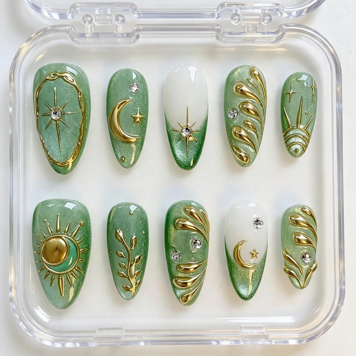 Sage Green Celestial Press On Nails with Gold Suns, Moons and Rhinestones